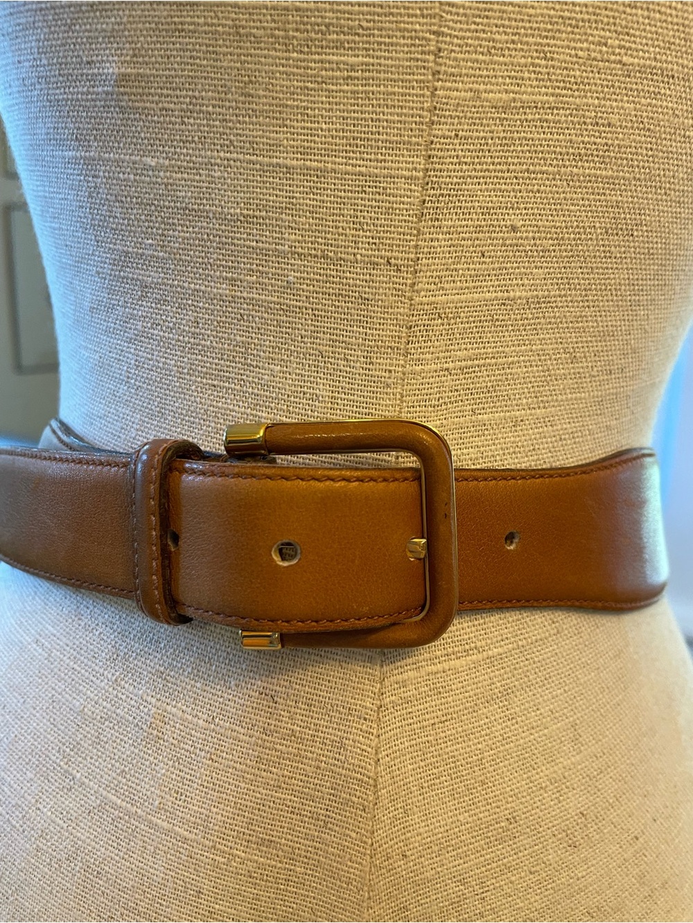 Longhi per Mirella Tan Italian Leather Belt with Leather Covered Gold Buckle